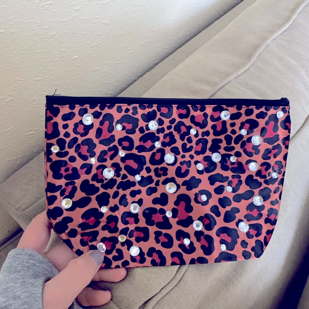 rhinestone and leopard makeup bag
